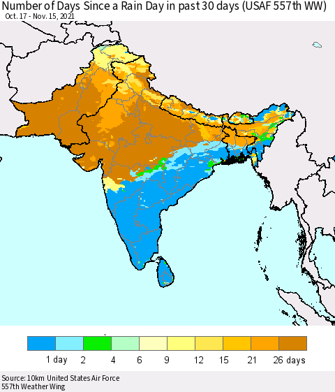 Southern Asia Number of Days Since a Rain Day in past 30 days (USAF 557th WW) Thematic Map For 11/11/2021 - 11/15/2021