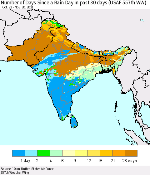 Southern Asia Number of Days Since a Rain Day in past 30 days (USAF 557th WW) Thematic Map For 11/16/2021 - 11/20/2021