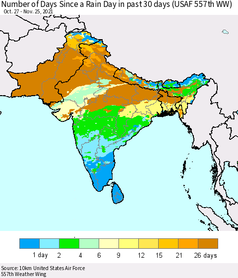 Southern Asia Number of Days Since a Rain Day in past 30 days (USAF 557th WW) Thematic Map For 11/21/2021 - 11/25/2021
