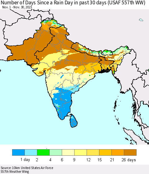 Southern Asia Number of Days Since a Rain Day in past 30 days (USAF 557th WW) Thematic Map For 11/26/2021 - 11/30/2021