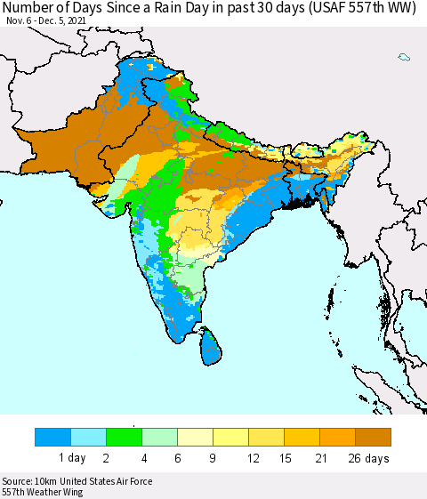 Southern Asia Number of Days Since a Rain Day in past 30 days (USAF 557th WW) Thematic Map For 12/1/2021 - 12/5/2021