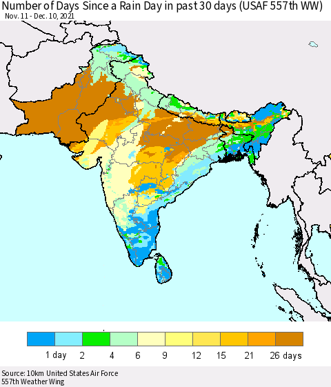 Southern Asia Number of Days Since a Rain Day in past 30 days (USAF 557th WW) Thematic Map For 12/6/2021 - 12/10/2021