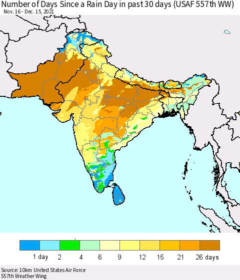 Southern Asia Number of Days Since a Rain Day in past 30 days (USAF 557th WW) Thematic Map For 12/11/2021 - 12/15/2021