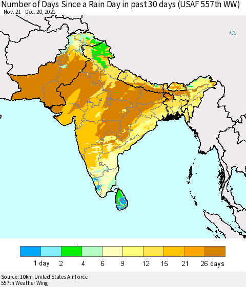 Southern Asia Number of Days Since a Rain Day in past 30 days (USAF 557th WW) Thematic Map For 12/16/2021 - 12/20/2021
