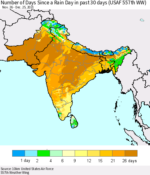 Southern Asia Number of Days Since a Rain Day in past 30 days (USAF 557th WW) Thematic Map For 12/21/2021 - 12/25/2021