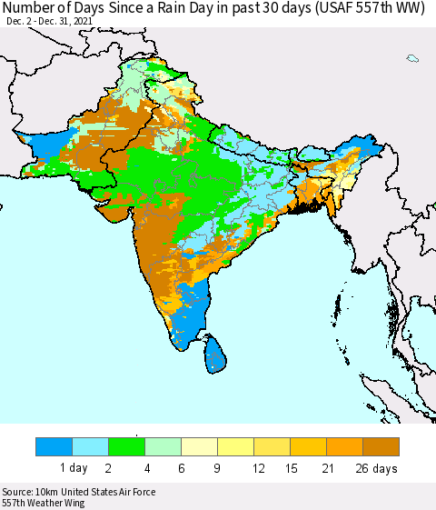 Southern Asia Number of Days Since a Rain Day in past 30 days (USAF 557th WW) Thematic Map For 12/26/2021 - 12/31/2021
