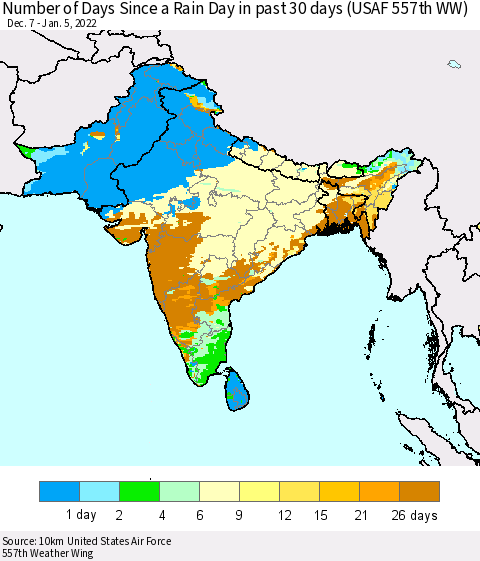 Southern Asia Number of Days Since a Rain Day in past 30 days (USAF 557th WW) Thematic Map For 1/1/2022 - 1/5/2022