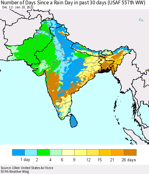 Southern Asia Number of Days Since a Rain Day in past 30 days (USAF 557th WW) Thematic Map For 1/6/2022 - 1/10/2022
