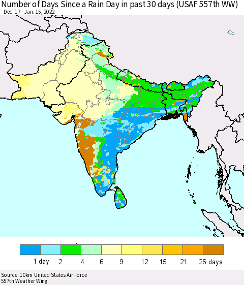 Southern Asia Number of Days Since a Rain Day in past 30 days (USAF 557th WW) Thematic Map For 1/11/2022 - 1/15/2022