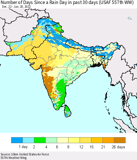 Southern Asia Number of Days Since a Rain Day in past 30 days (USAF 557th WW) Thematic Map For 1/16/2022 - 1/20/2022
