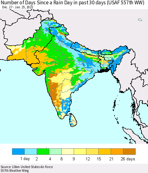Southern Asia Number of Days Since a Rain Day in past 30 days (USAF 557th WW) Thematic Map For 1/21/2022 - 1/25/2022