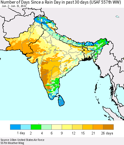 Southern Asia Number of Days Since a Rain Day in past 30 days (USAF 557th WW) Thematic Map For 1/26/2022 - 1/31/2022
