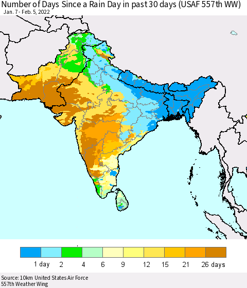 Southern Asia Number of Days Since a Rain Day in past 30 days (USAF 557th WW) Thematic Map For 2/1/2022 - 2/5/2022