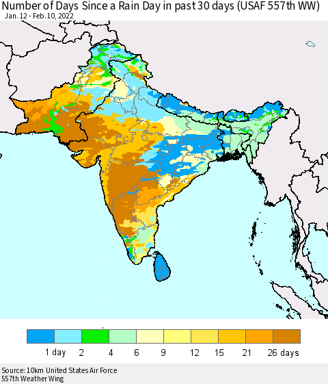 Southern Asia Number of Days Since a Rain Day in past 30 days (USAF 557th WW) Thematic Map For 2/6/2022 - 2/10/2022
