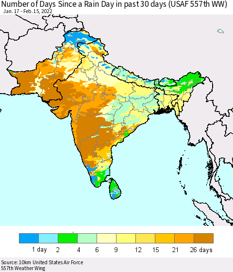 Southern Asia Number of Days Since a Rain Day in past 30 days (USAF 557th WW) Thematic Map For 2/11/2022 - 2/15/2022