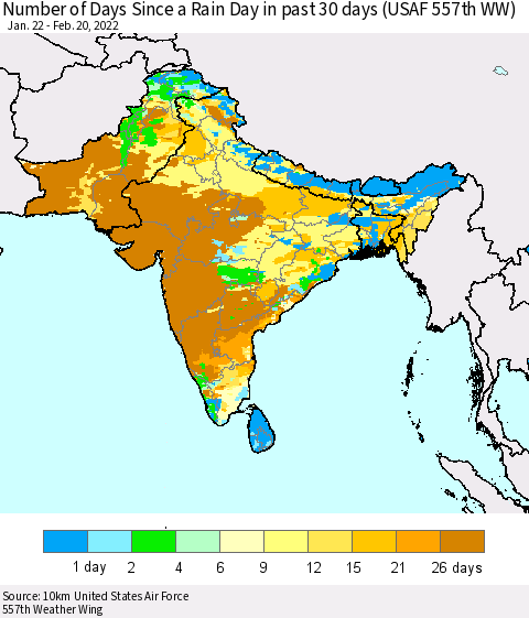 Southern Asia Number of Days Since a Rain Day in past 30 days (USAF 557th WW) Thematic Map For 2/16/2022 - 2/20/2022