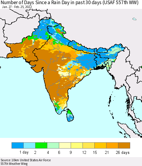 Southern Asia Number of Days Since a Rain Day in past 30 days (USAF 557th WW) Thematic Map For 2/21/2022 - 2/25/2022