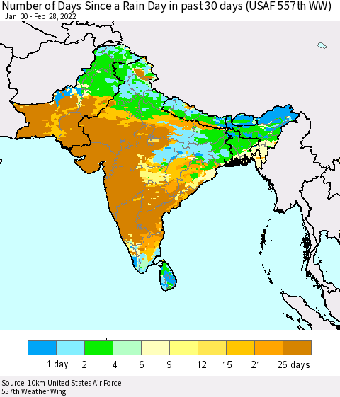 Southern Asia Number of Days Since a Rain Day in past 30 days (USAF 557th WW) Thematic Map For 2/26/2022 - 2/28/2022