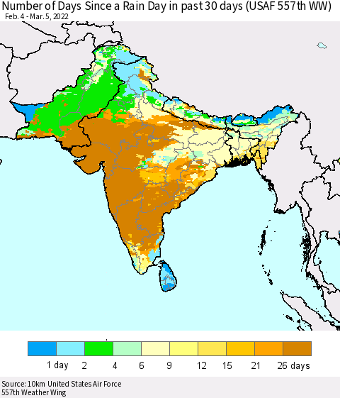 Southern Asia Number of Days Since a Rain Day in past 30 days (USAF 557th WW) Thematic Map For 3/1/2022 - 3/5/2022