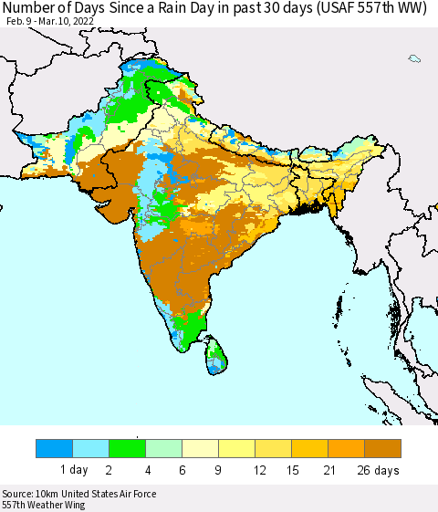 Southern Asia Number of Days Since a Rain Day in past 30 days (USAF 557th WW) Thematic Map For 3/6/2022 - 3/10/2022