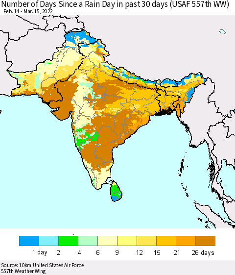 Southern Asia Number of Days Since a Rain Day in past 30 days (USAF 557th WW) Thematic Map For 3/11/2022 - 3/15/2022