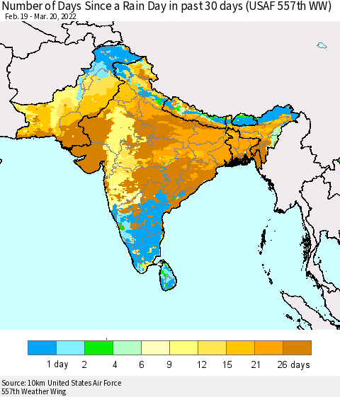 Southern Asia Number of Days Since a Rain Day in past 30 days (USAF 557th WW) Thematic Map For 3/16/2022 - 3/20/2022