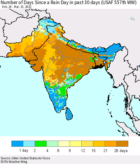 Southern Asia Number of Days Since a Rain Day in past 30 days (USAF 557th WW) Thematic Map For 3/21/2022 - 3/25/2022