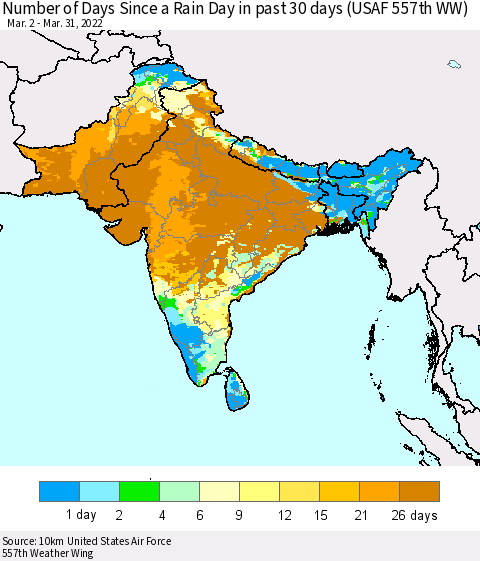 Southern Asia Number of Days Since a Rain Day in past 30 days (USAF 557th WW) Thematic Map For 3/26/2022 - 3/31/2022