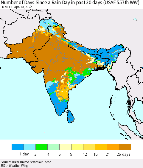 Southern Asia Number of Days Since a Rain Day in past 30 days (USAF 557th WW) Thematic Map For 4/6/2022 - 4/10/2022