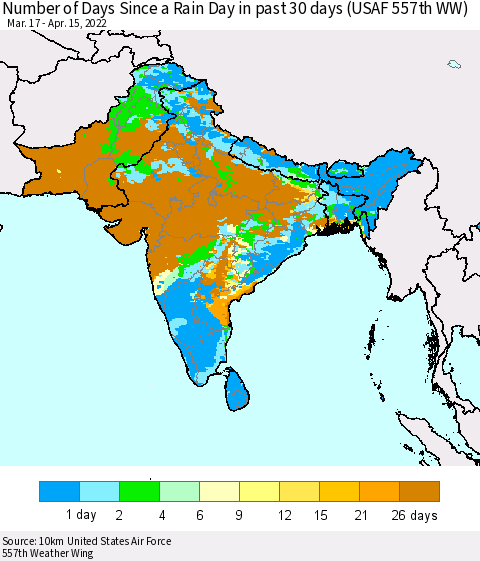Southern Asia Number of Days Since a Rain Day in past 30 days (USAF 557th WW) Thematic Map For 4/11/2022 - 4/15/2022