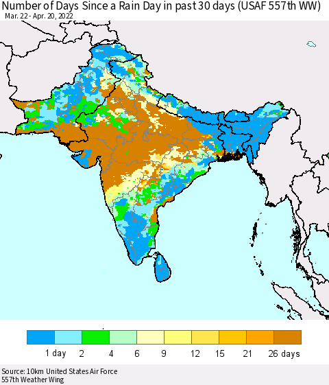 Southern Asia Number of Days Since a Rain Day in past 30 days (USAF 557th WW) Thematic Map For 4/16/2022 - 4/20/2022