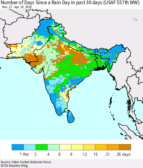 Southern Asia Number of Days Since a Rain Day in past 30 days (USAF 557th WW) Thematic Map For 4/21/2022 - 4/25/2022