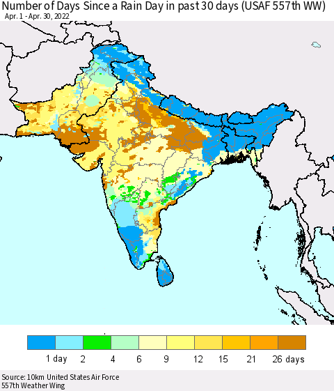 Southern Asia Number of Days Since a Rain Day in past 30 days (USAF 557th WW) Thematic Map For 4/26/2022 - 4/30/2022