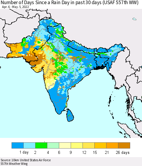 Southern Asia Number of Days Since a Rain Day in past 30 days (USAF 557th WW) Thematic Map For 5/1/2022 - 5/5/2022