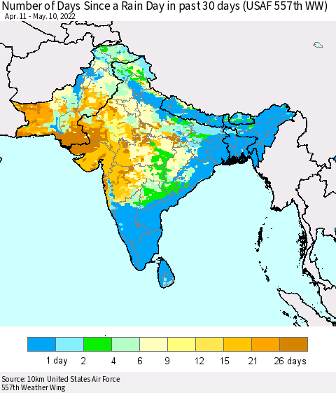 Southern Asia Number of Days Since a Rain Day in past 30 days (USAF 557th WW) Thematic Map For 5/6/2022 - 5/10/2022