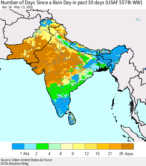 Southern Asia Number of Days Since a Rain Day in past 30 days (USAF 557th WW) Thematic Map For 5/11/2022 - 5/15/2022