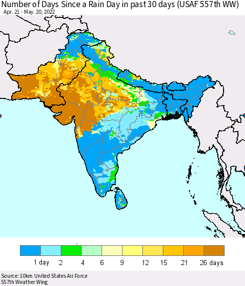Southern Asia Number of Days Since a Rain Day in past 30 days (USAF 557th WW) Thematic Map For 5/16/2022 - 5/20/2022