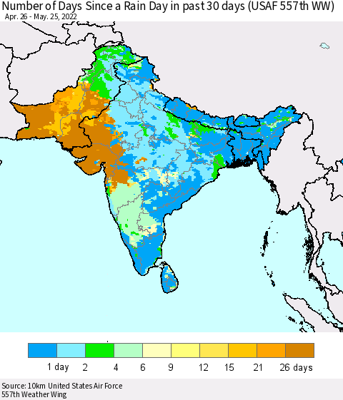 Southern Asia Number of Days Since a Rain Day in past 30 days (USAF 557th WW) Thematic Map For 5/21/2022 - 5/25/2022
