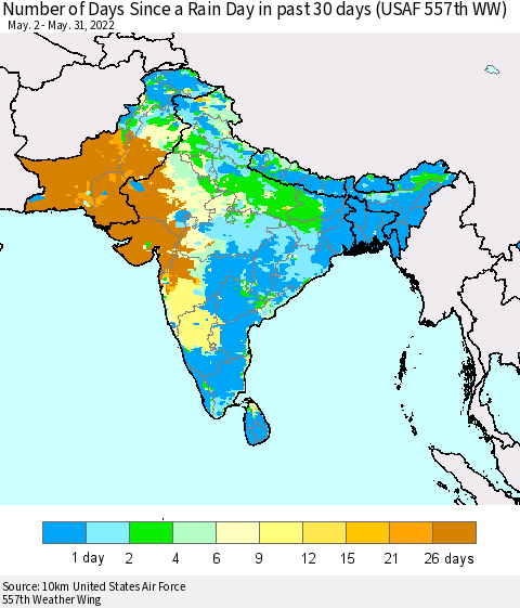 Southern Asia Number of Days Since a Rain Day in past 30 days (USAF 557th WW) Thematic Map For 5/26/2022 - 5/31/2022