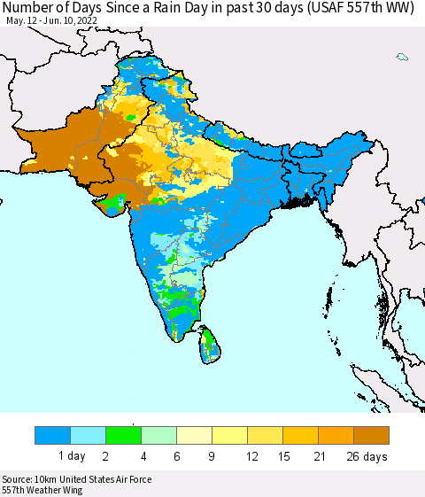 Southern Asia Number of Days Since a Rain Day in past 30 days (USAF 557th WW) Thematic Map For 6/6/2022 - 6/10/2022