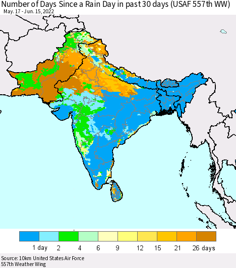Southern Asia Number of Days Since a Rain Day in past 30 days (USAF 557th WW) Thematic Map For 6/11/2022 - 6/15/2022