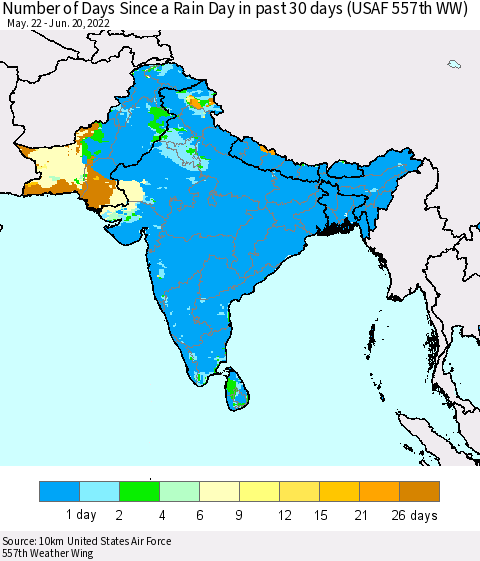 Southern Asia Number of Days Since a Rain Day in past 30 days (USAF 557th WW) Thematic Map For 6/16/2022 - 6/20/2022