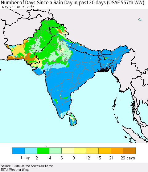 Southern Asia Number of Days Since a Rain Day in past 30 days (USAF 557th WW) Thematic Map For 6/21/2022 - 6/25/2022