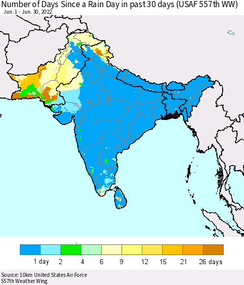 Southern Asia Number of Days Since a Rain Day in past 30 days (USAF 557th WW) Thematic Map For 6/26/2022 - 6/30/2022