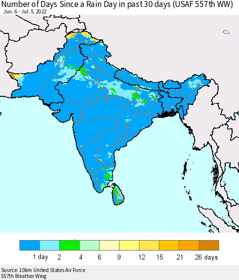 Southern Asia Number of Days Since a Rain Day in past 30 days (USAF 557th WW) Thematic Map For 7/1/2022 - 7/5/2022