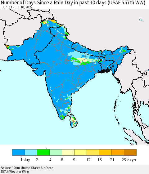 Southern Asia Number of Days Since a Rain Day in past 30 days (USAF 557th WW) Thematic Map For 7/6/2022 - 7/10/2022
