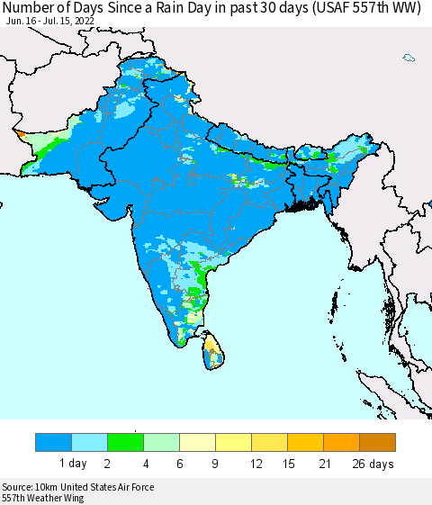 Southern Asia Number of Days Since a Rain Day in past 30 days (USAF 557th WW) Thematic Map For 7/11/2022 - 7/15/2022