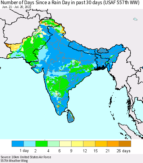 Southern Asia Number of Days Since a Rain Day in past 30 days (USAF 557th WW) Thematic Map For 7/16/2022 - 7/20/2022