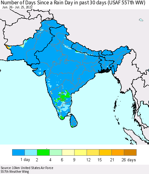 Southern Asia Number of Days Since a Rain Day in past 30 days (USAF 557th WW) Thematic Map For 7/21/2022 - 7/25/2022