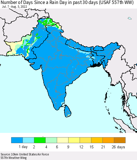Southern Asia Number of Days Since a Rain Day in past 30 days (USAF 557th WW) Thematic Map For 8/1/2022 - 8/5/2022